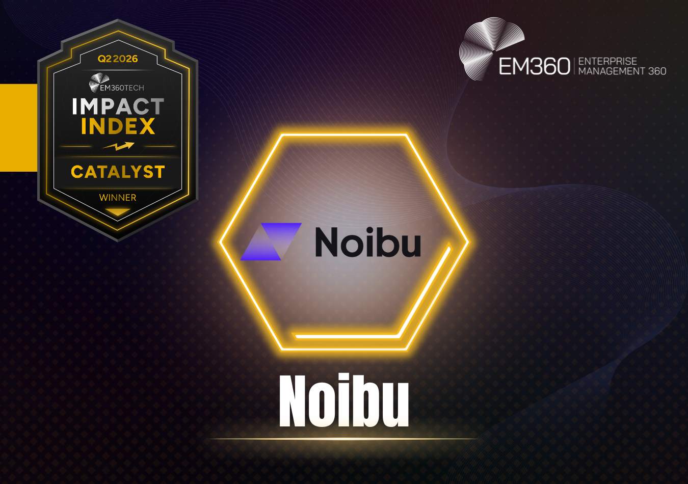 EM360Tech Q2 2026 Catalyst Winner graphic featuring a black and gold Impact Index Winner badge alongside the Noibu logo inside a glowing hexagon. Large text reads "Noibu" on a dark abstract background with gold accents. The EM360Tech logo appears in the top-right corner.