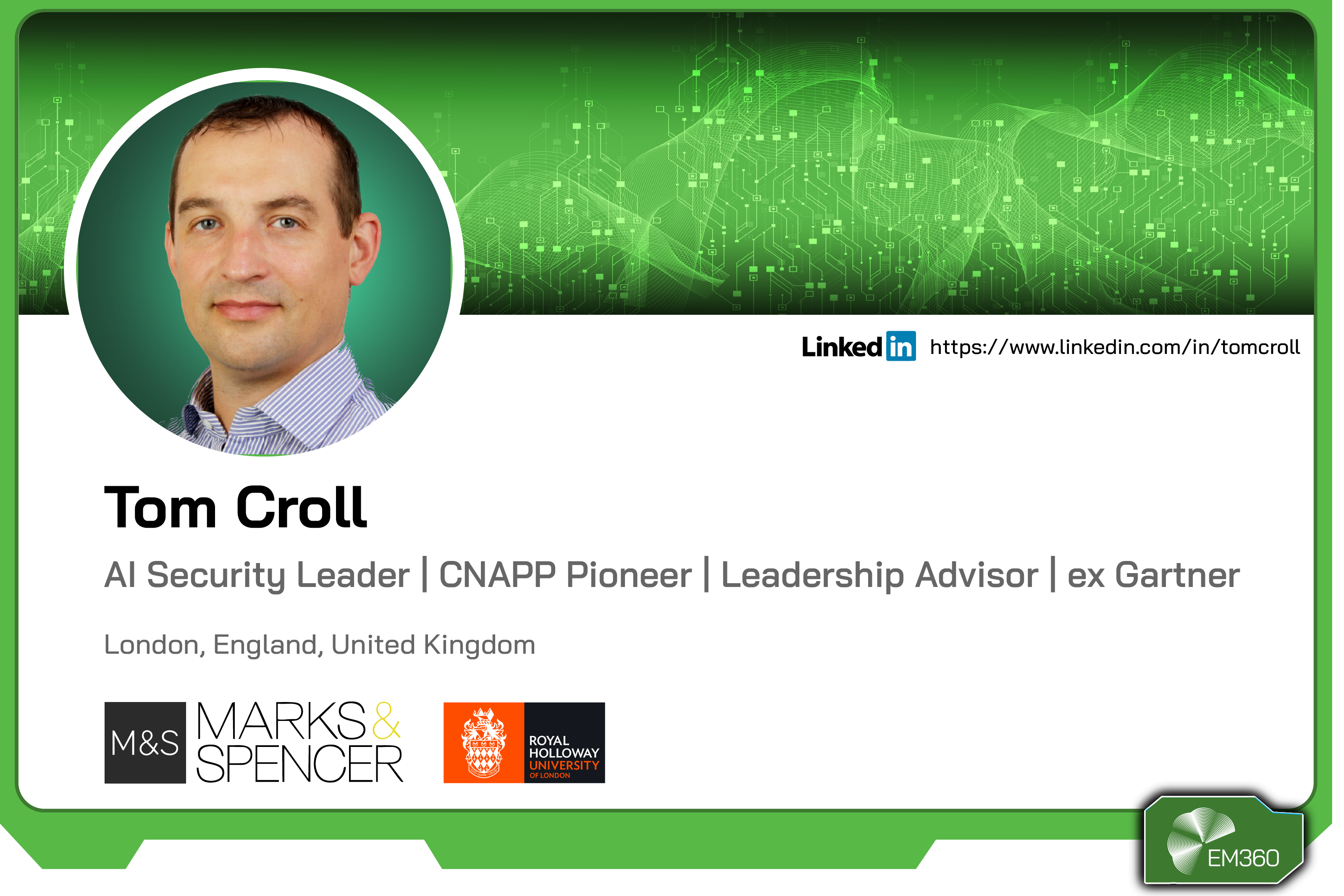 Profile card of Tom Croll, AI security leader and former Gartner analyst specialising in cloud security and CNAPP strategy, based in London, United Kingdom.