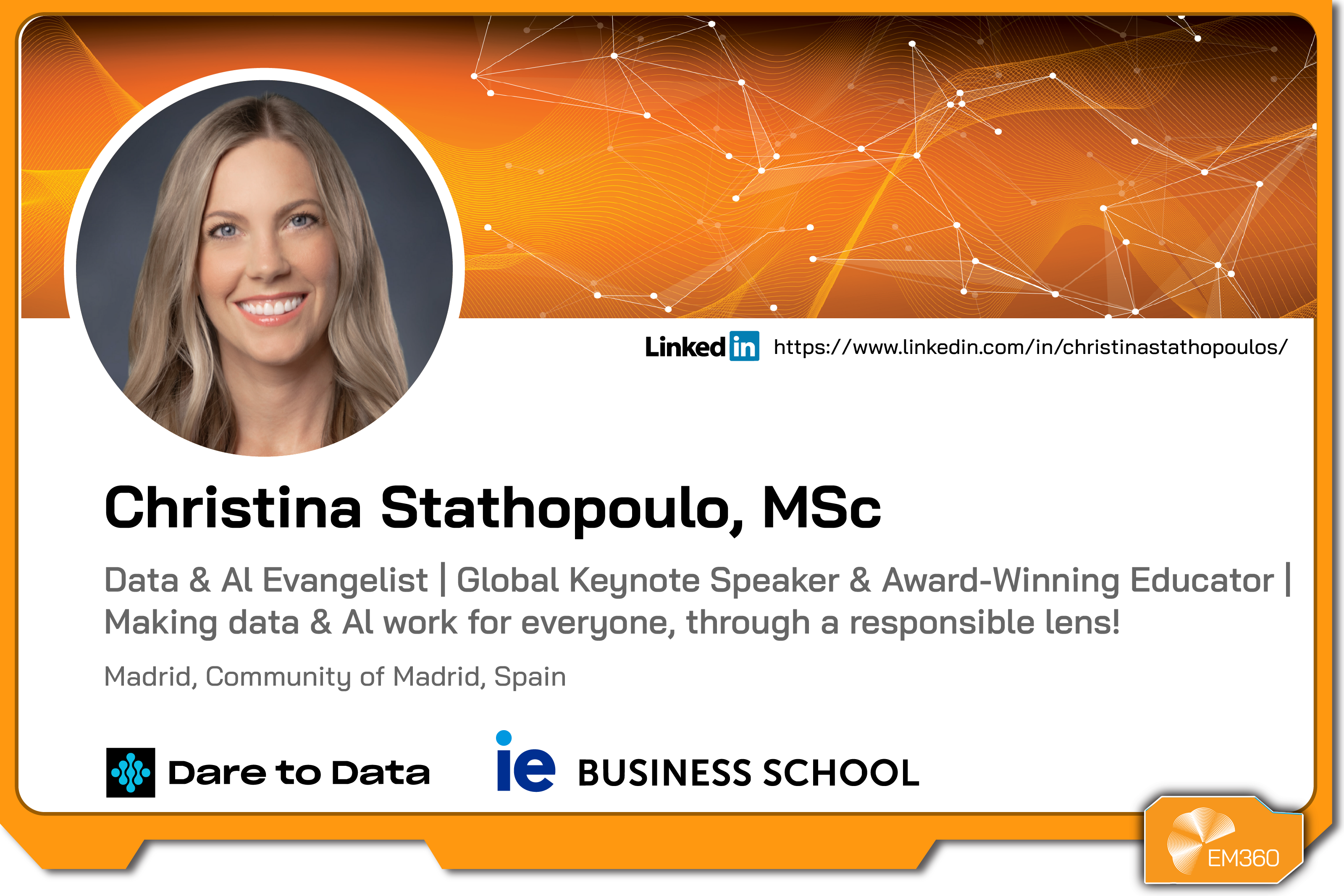 Profile graphic of Christina Stathopoulos with her headshot, name, and description as a data and AI evangelist, keynote speaker, and educator, alongside EM360Tech branding and a LinkedIn profile link.