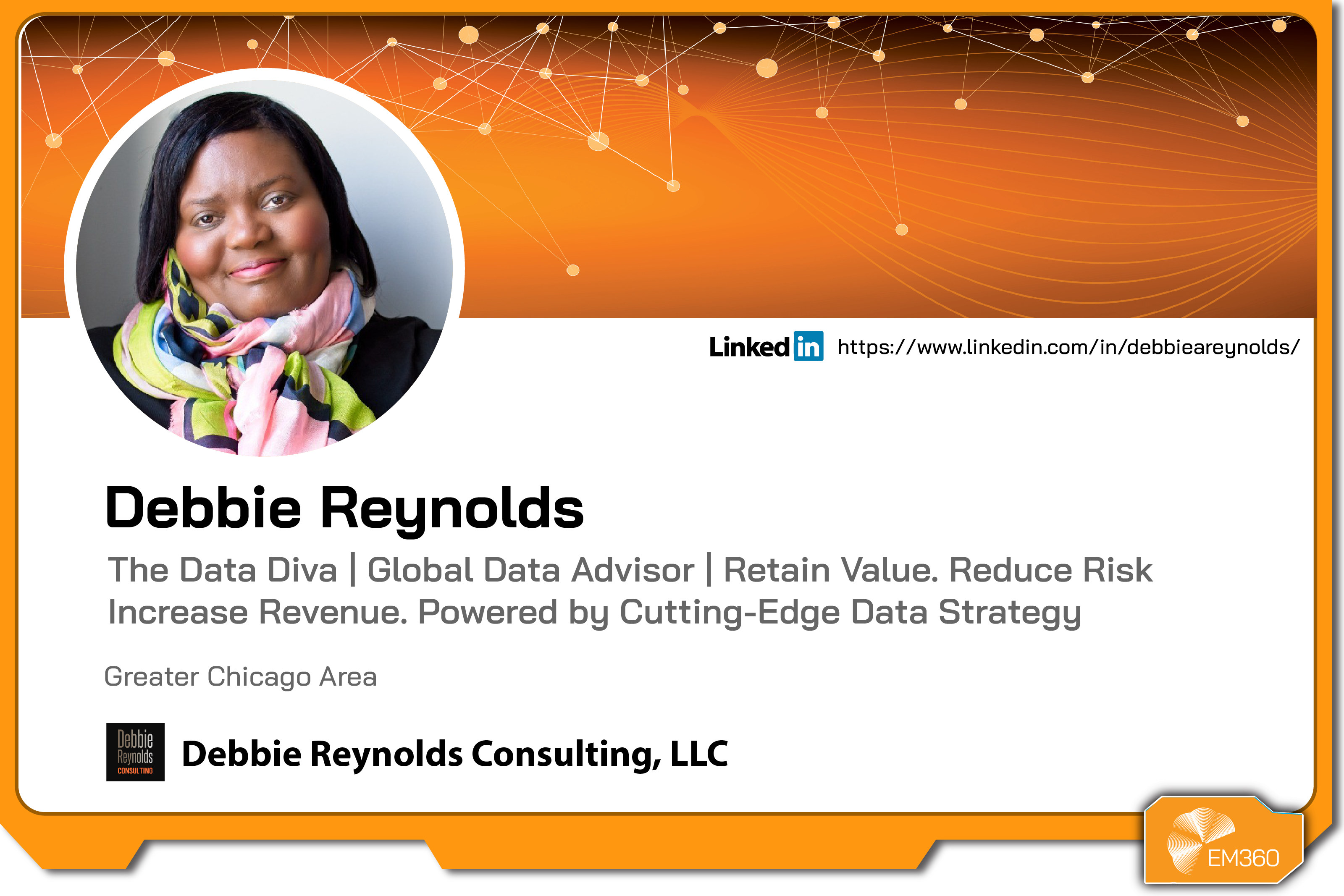 Profile graphic of Debbie Reynolds showing her headshot, name, and role as a global data advisor focused on data strategy, risk reduction, and value retention, with consulting company branding and a LinkedIn link.