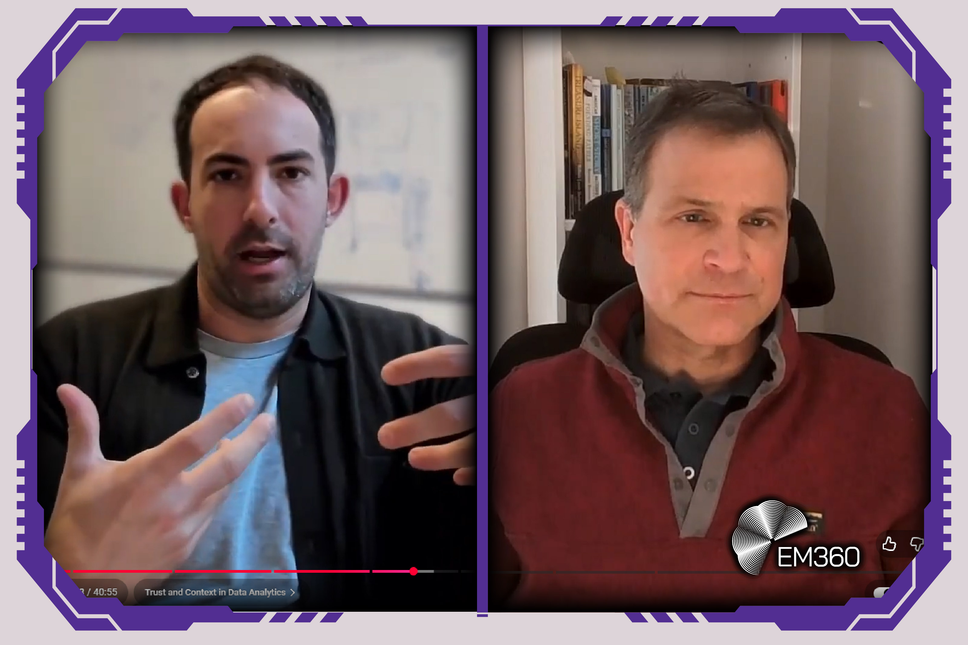 Split-screen screenshot from the “Is AI Analytics the Missing Link Between Business Users and Data Teams?” episode of the Don’t Panic, It’s Just Data podcast. Host Kevin Petrie, Vice President of Research at BARC, appears on the right, speaking with guest Barry McCardel, Co-Founder and CEO of Hex Technologies, on the left during a videocast discussion about AI analytics and enterprise data.