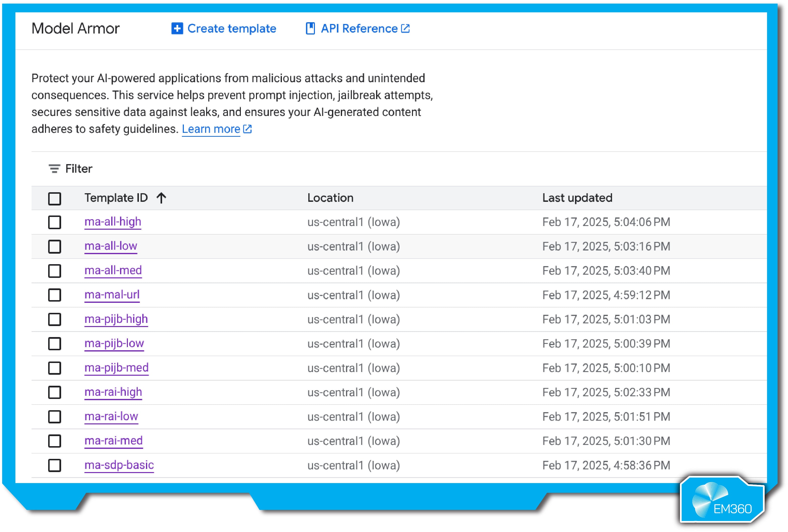 Screenshot of Google Cloud’s Model Armor interface listing templates for different AI protection levels, including prompt injection and responsible AI filters.