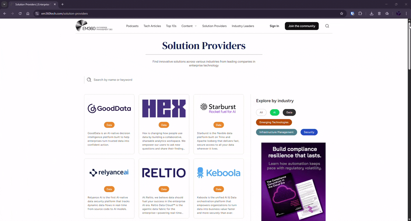 Screenshot of the EM360Tech “Solution Providers” webpage showing a directory of enterprise technology companies. The page includes a search bar and cards for providers such as GoodData, Hex, Starburst, Relyance AI, Reltio, and Keboola, each labeled under the Data category. A sidebar on the right allows users to filter by industry, including AI, Data, Emerging Technologies, Infrastructure Management, and Security.