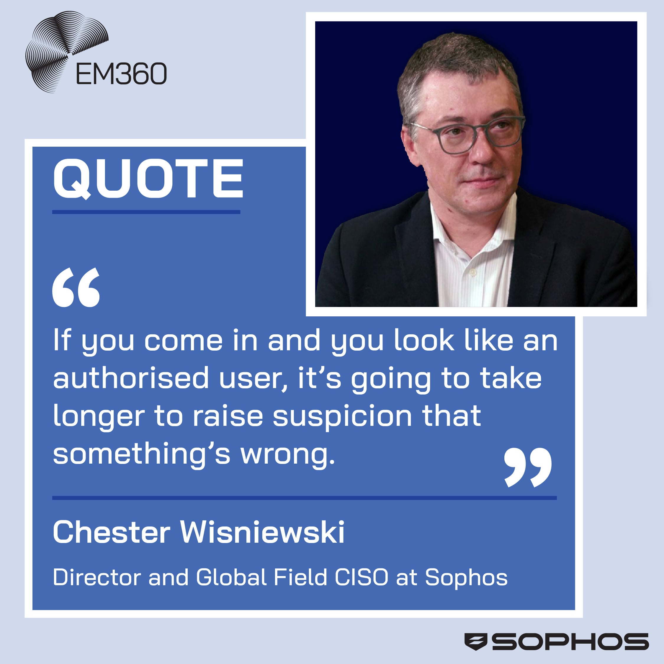Graphic featuring a headshot of Chester Wisniewski against a dark blue background with a highlighted quote that reads, “If you come in and you look like an authorised user, it’s going to take longer to raise suspicion that something’s wrong.” Text identifies him as Director and Global Field CISO at Sophos. Branded with EM360Tech and Sophos logos.