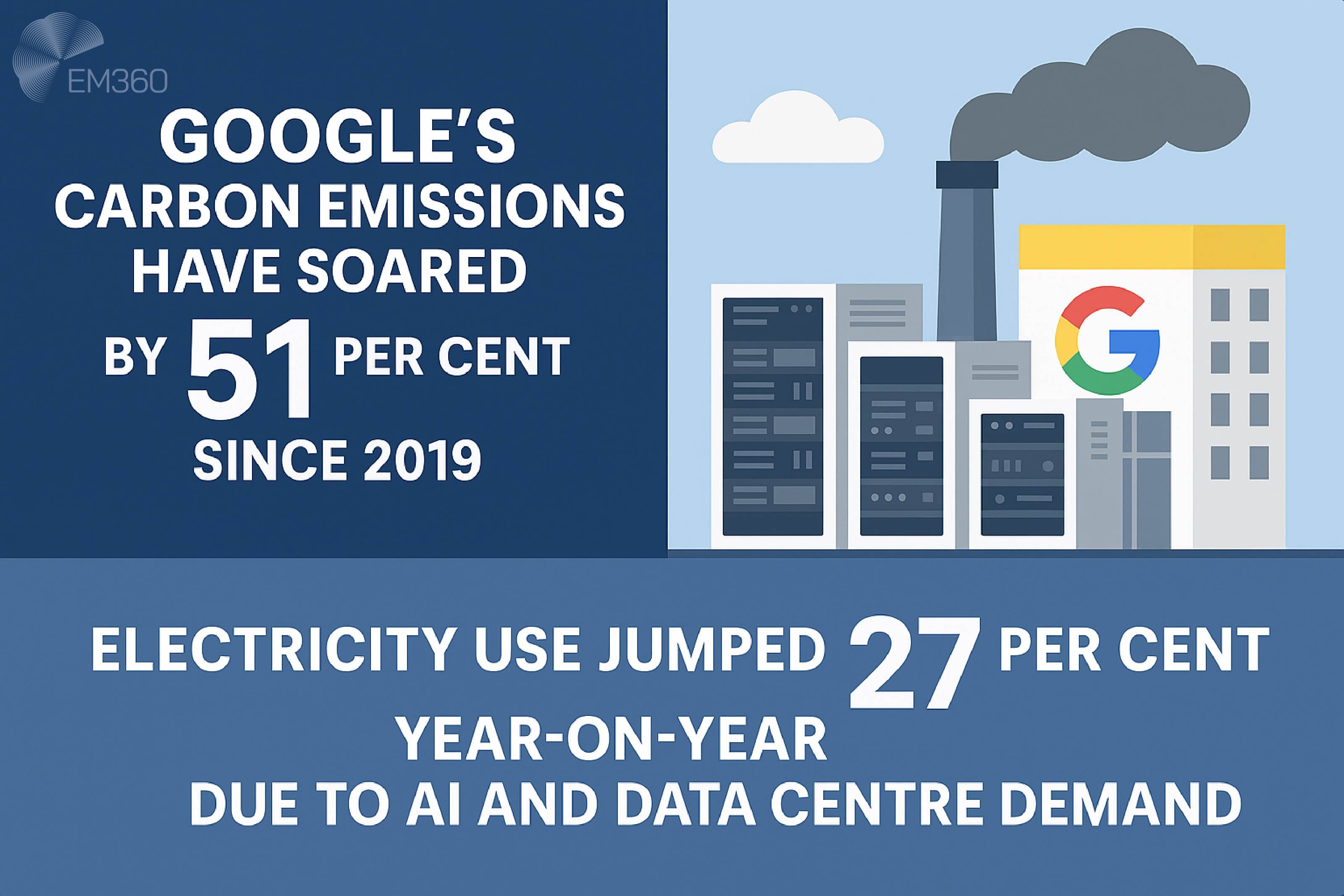 Infographic showing a stylised Google data centre with server racks, a smokestack, and the Google logo. Text reads: “Google’s carbon emissions have soared by 51 per cent since 2019. Electricity use jumped 27 per cent year-on-year due to AI and data centre demand.”