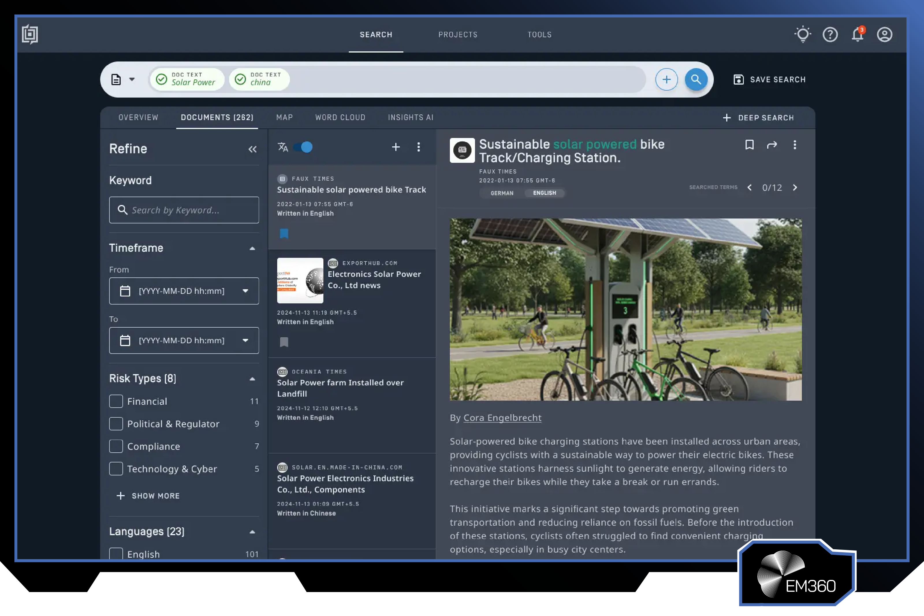 Screenshot of the Babel Street platform showing an intelligence search workspace with multilingual document analysis, risk filters, source monitoring, and article-level investigation tools used for open-source intelligence and narrative analysis.