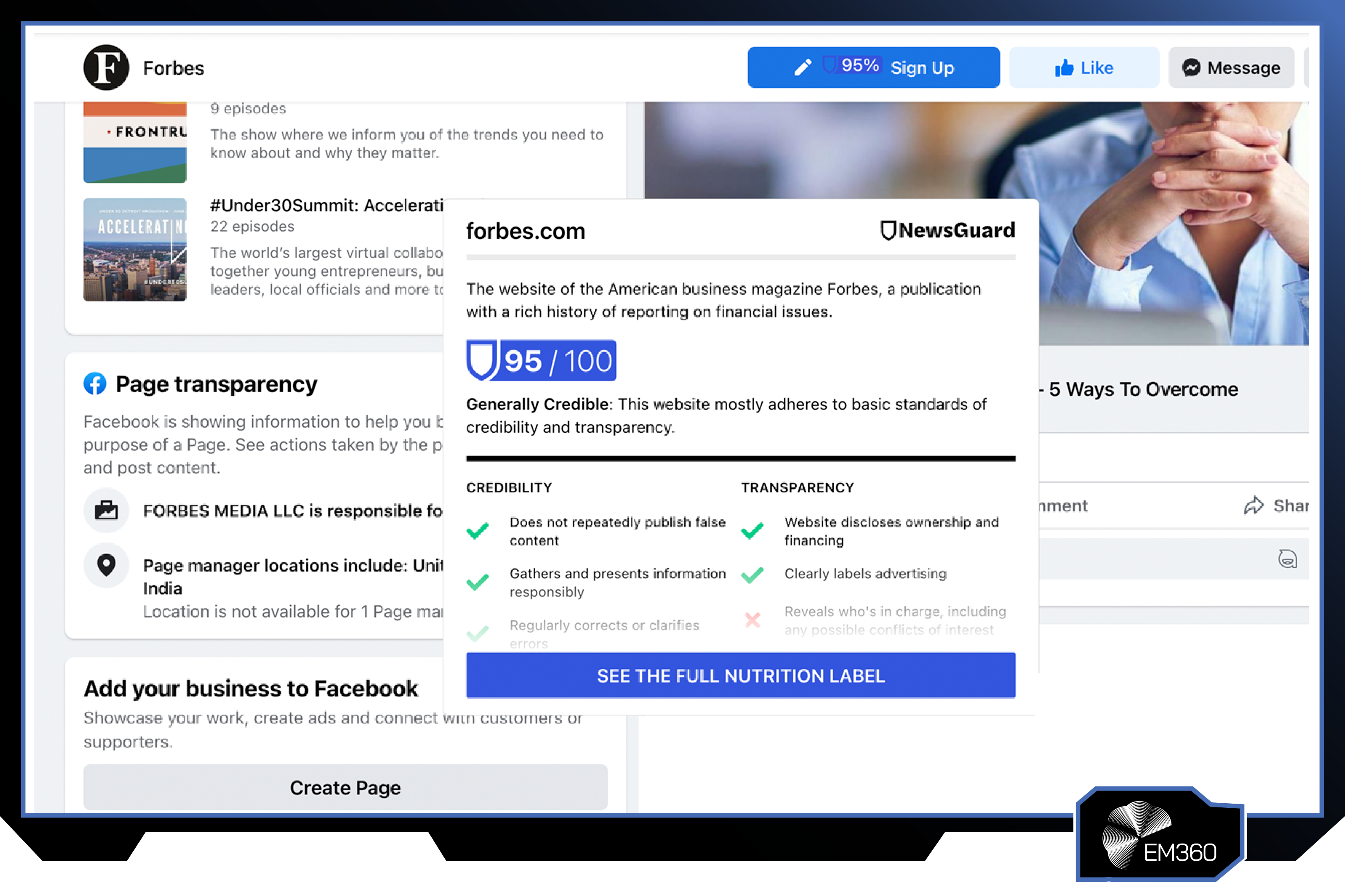 Screenshot of the NewsGuard platform showing a credibility rating for Forbes.com, including a trust score, source reliability assessment, transparency indicators, and fact-checking criteria used to evaluate the credibility of online information sources.