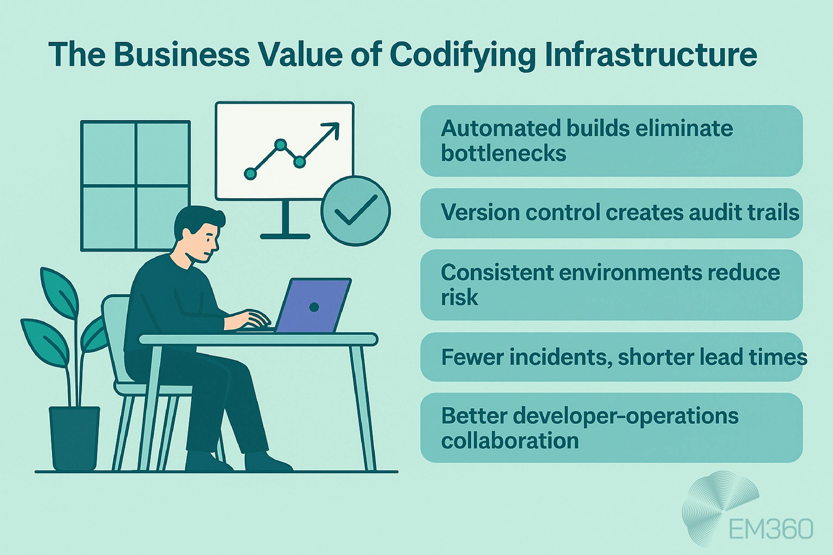 Infographic showing the benefits of codifying infrastructure as code, including audit trails, reduced risk, shorter lead times, and improved developer-operations collaboration. Illustrated with a vector office scene on a pale teal background.