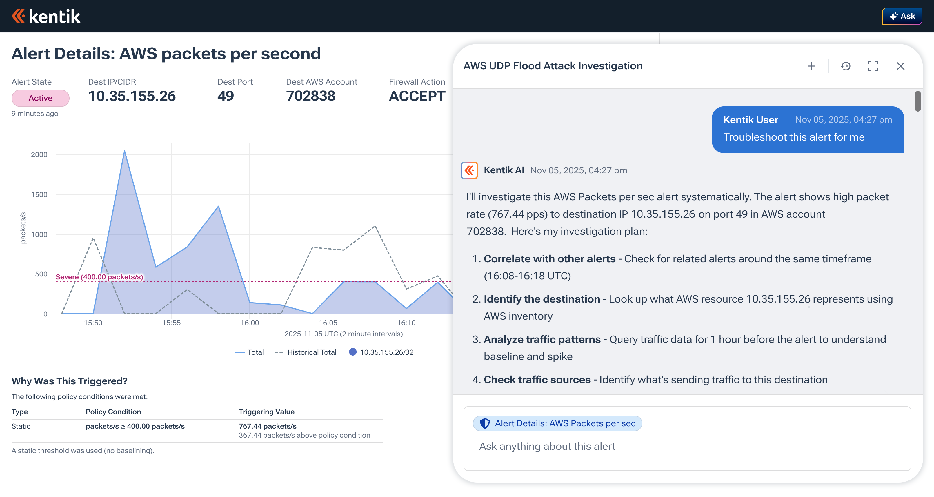 A Kentik interface showing an “AWS packets per second” alert with a traffic graph and a severe threshold line. On the right, Kentik’s AI Advisor opens a troubleshooting chat, outlining a step-by-step investigation plan that includes correlating alerts, identifying the destination, analysing traffic patterns, and checking traffic sources.