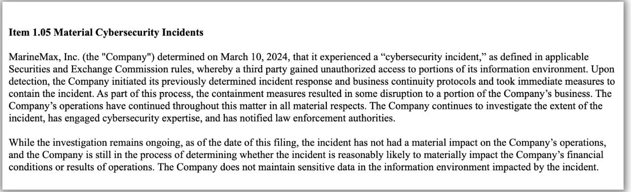 marinemax cyber attack sec filing