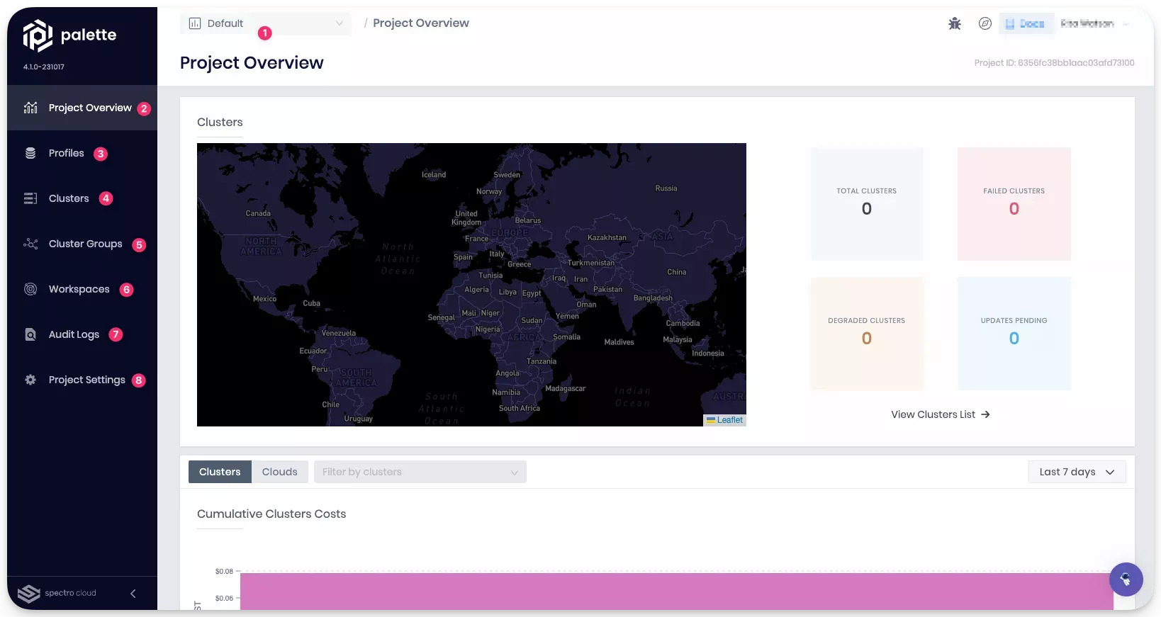 Screenshot of Spectro Cloud Palette dashboard showing the Project Overview. The main panel displays a world map for cluster locations and status metrics: total clusters, failed clusters, degraded clusters, and pending updates, all currently at zero. Sidebar navigation includes options for Profiles, Clusters, Cluster Groups, Workspaces, Audit Logs, and Project Settings.