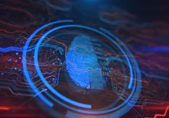 A fingerprint against a circuitry background in blue and red.