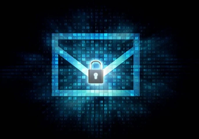 A lock on an animated envelope in front of a coding background.