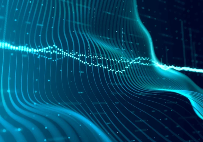 A wave of code and a graph type image on a dark blue background.