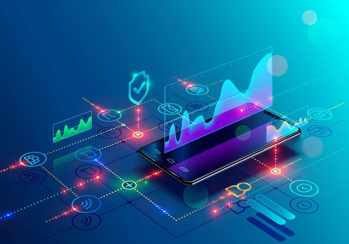 A smartphone surrounded by colourful data icons.