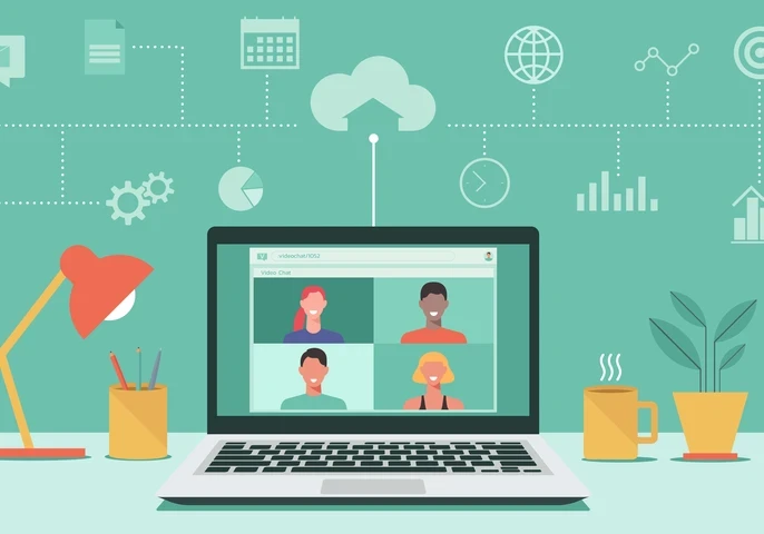 An animated depiction of an online meeting on a laptop.