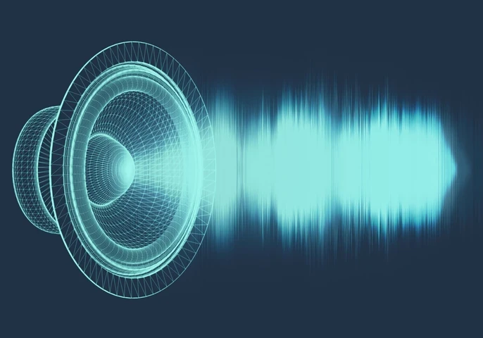 Depiction of a speaker with audio waves in light blue against a navy background.