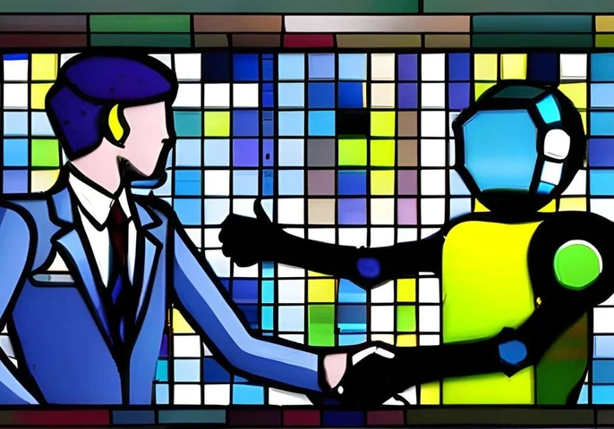A stained glass depiction of a man and a robot shaking hands.