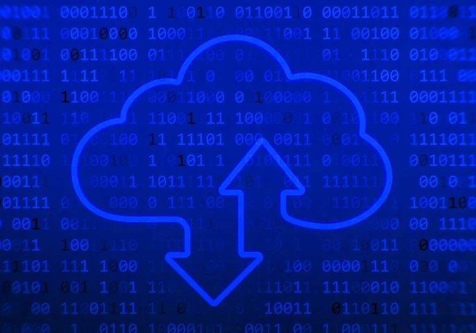 Depiction of cloud migration against a coding background.