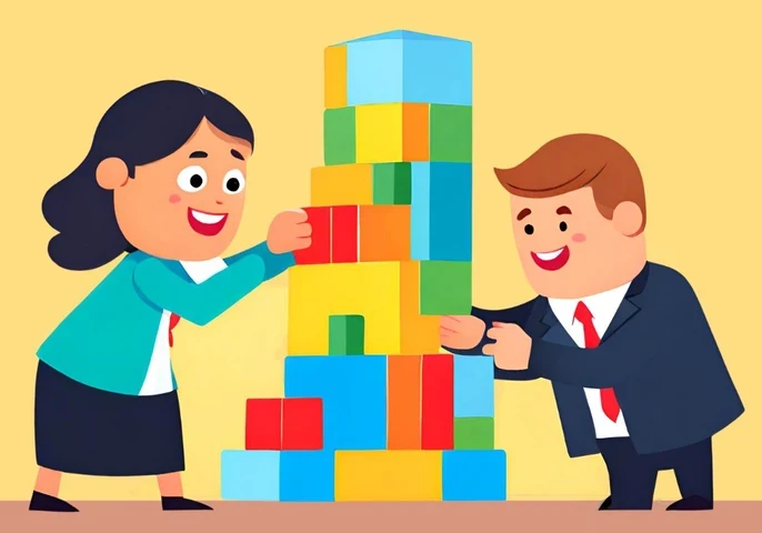Cartoon image of a man and woman stacking colourful building blocks.