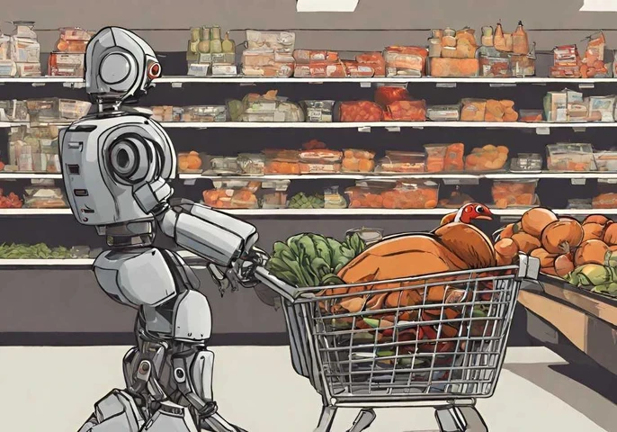 Robot pushing a shopping cart with groceries in.