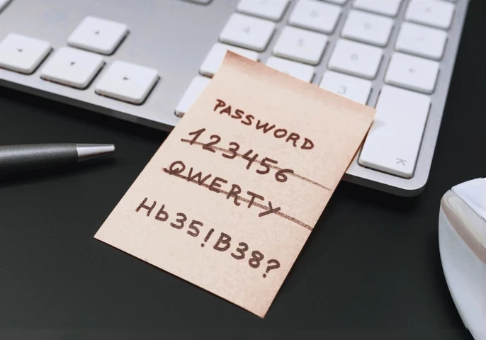 Post-It note stuck to an Apple keyboard scratching off weak passwords and ending off on a strong password.