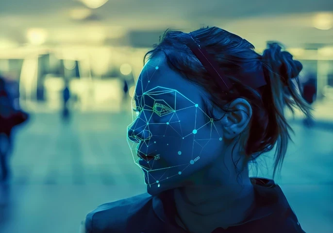 A woman with a tracking grid projected onto her face.