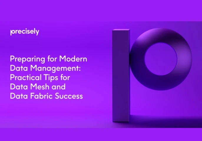 Precisely logo alongside the header "Preparing for Modern Data Management: Practical Tips for Data Mesh and Data Fabric Success"