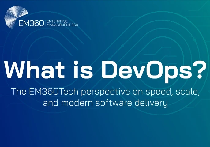 Banner image with a blue-green gradient background featuring circuit-style design lines. The EM360 logo appears in the top left corner with the text 'Enterprise Management 360'. Large white text in the center reads: 'What is DevOps?' followed by a subtitle in smaller font: 'The EM360Tech perspective on speed, scale, and modern software delivery.