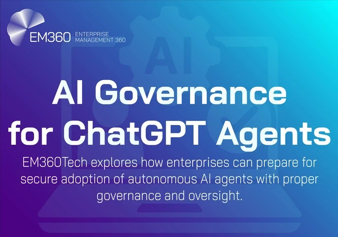 EM360Tech banner with the title "AI Governance for ChatGPT Agents" and subtitle "EM360Tech explores how enterprises can prepare for secure adoption of autonomous AI agents with proper governance and oversight," displayed on a blue gradient background with faint AI gear and checklist icons.