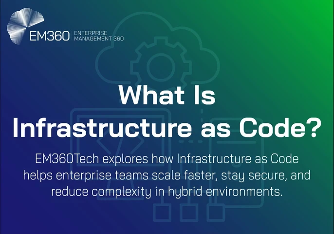 EM360Tech banner graphic titled &ldquo;What Is Infrastructure as Code?&rdquo;, featuring cloud and gear icons on a gradient background with a subtitle about scaling securely in hybrid environments.