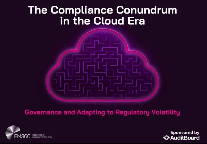 Cover image for report by EM360Tech about the compliance conundrum in the cloud era, sponsored by Aditboard