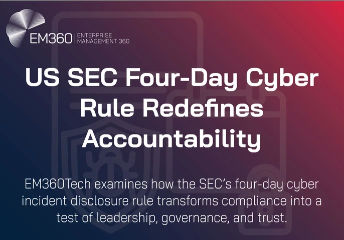 “EM360Tech cover image titled ‘US SEC Four-Day Cyber Rule Redefines Accountability.’ The design features bold white text on a dark blue-to-red gradient background with subtle vector outlines of a shield, lock, and calendar, symbolising cybersecurity disclosure and regulatory compliance.”