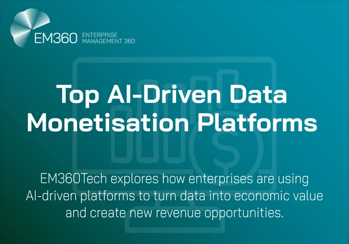 EM360Tech title graphic for the article &ldquo;Top AI-Driven Data Monetisation Platforms,&rdquo; highlighting how enterprises are using AI-powered platforms to turn data into economic value and create new revenue opportunities.