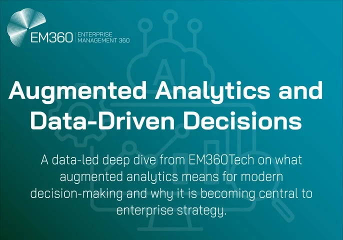 A teal gradient graphic featuring the EM360 logo at the top left and a faint line-drawn AI and analytics icon in the background. Bold white text reads “Augmented Analytics and Data-Driven Decisions,” with a smaller subtitle below describing a data-led deep dive from EM360Tech on the role of augmented analytics in modern enterprise strategy.
