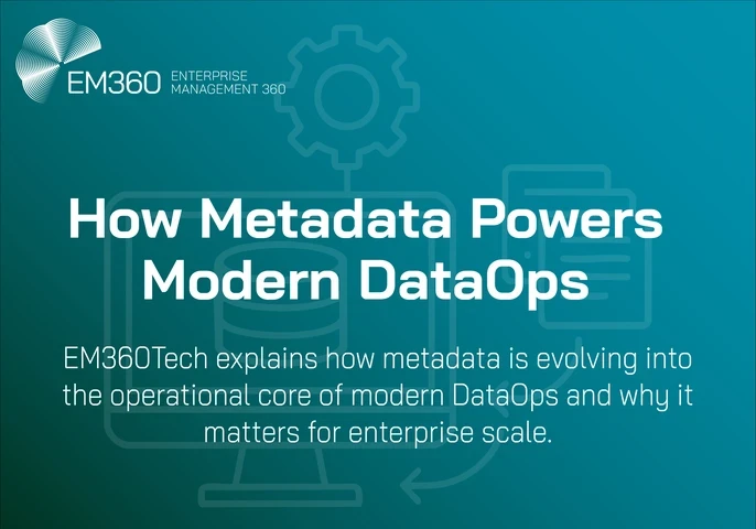 A teal EM360Tech header graphic with the title “How Metadata Powers Modern DataOps” in bold white text. The subtitle below explains that metadata is evolving into the operational core of DataOps. Behind the text is a faint line-style illustration showing a gear, a database symbol and document icons to represent data and metadata workflows.