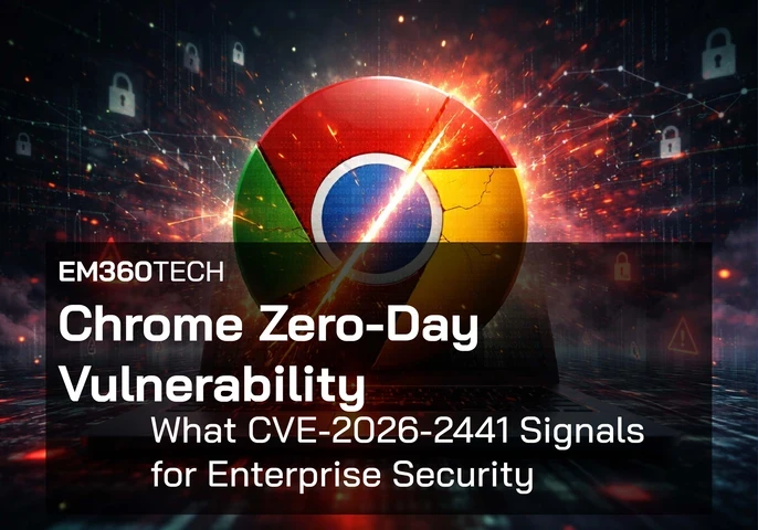 Cracked Google Chrome logo with a bright diagonal slash and digital lock icons in the background; overlay text: “Chrome Zero-Day Vulnerability” and “What CVE-2026-2441 Signals for Enterprise Security”. 