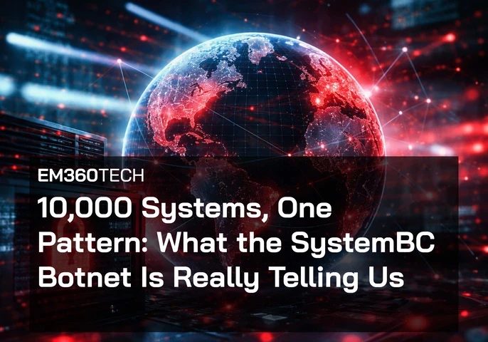 Header image showing a glowing digital globe overlaid with red network connection points and data streams, symbolising a global cyber threat and proxy-based ransomware activity. In the foreground, server infrastructure and a red security lock icon suggest compromised enterprise systems. Overlaid text reads: “EM360Tech – 10,000 Systems, One Pattern: What the SystemBC Botnet Is Really Telling Us.”