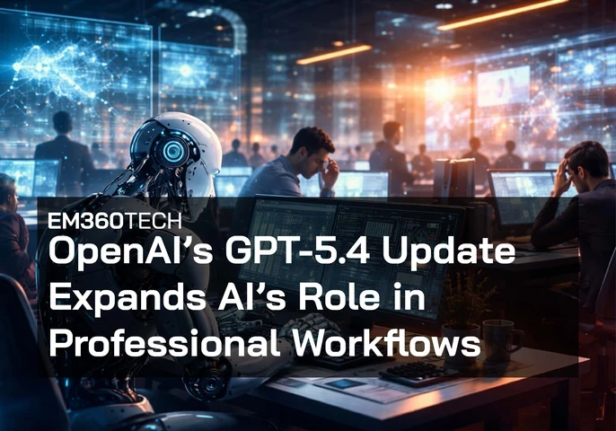 Header graphic showing a humanoid robot analysing data on multiple computer screens in a busy office while human workers sit at nearby desks. Overlaid text reads: “EM360Tech — OpenAI’s GPT-5.4 Update Expands AI’s Role in Professional Workflows.”