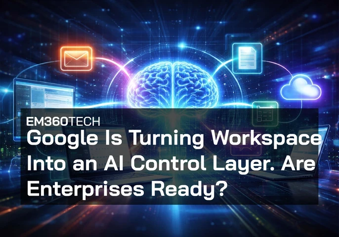 Header graphic showing a glowing digital brain connected to Google Workspace tools including Gmail, Docs, Drive, and Calendar across multiple laptops, with overlaid text reading: “EM360Tech — Google Is Turning Workspace Into an AI Control Layer. Are Enterprises Ready?”