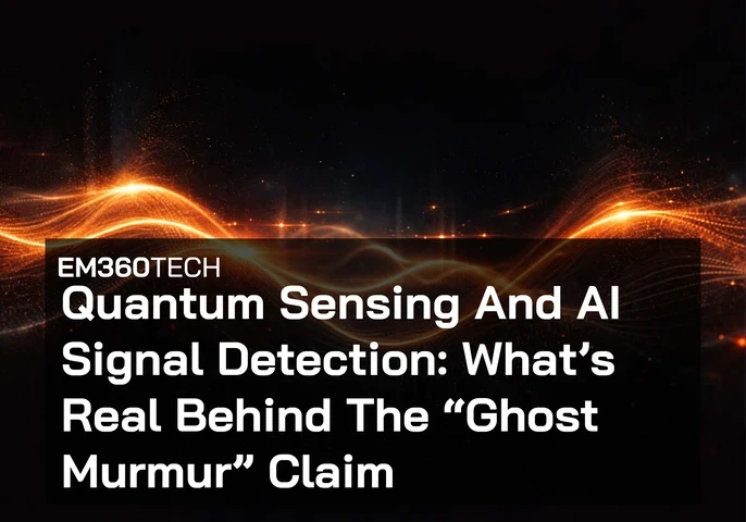 Black background with glowing orange wave-like light patterns. Overlaid text reads: “EM360TECH Quantum Sensing And AI Signal Detection: What’s Real Behind The ‘Ghost Murmur’ Claim.”