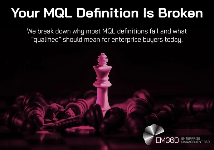 Header image with the text “Your MQL Definition Is Broken” and “We break down why most MQL definitions fail and what ‘qualified’ should mean for enterprise buyers today.” The image shows a glowing pink chess king standing upright among fallen black chess pieces on a dark board, with the EM360 Enterprise Management 360 logo in the bottom right corner.