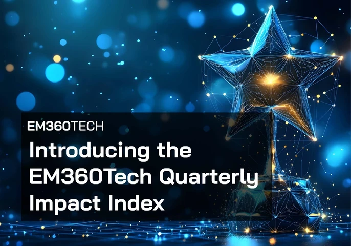A glowing, futuristic star-shaped trophy made of connected digital lines and light sits on a reflective surface against a dark blue background with soft bokeh lights. On the left, a black overlay contains white text reading: “EM360TECH” and “Introducing the EM360Tech Quarterly Impact Index.”