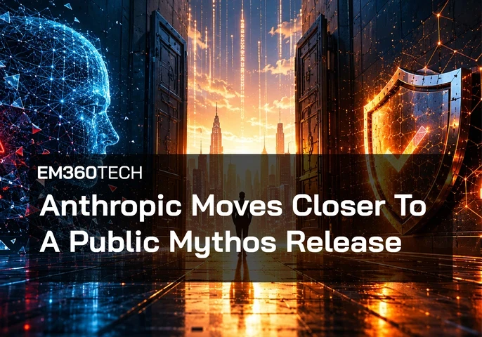 EM360Tech header graphic featuring the title “Anthropic Moves Closer To A Public Mythos Release” in large white text over a dark futuristic corridor. A glowing blue digital human profile made of interconnected data points appears on the left, while a large illuminated orange cybersecurity shield with a checkmark appears on the right. Open doors reveal a bright city skyline and streams of vertical data light in the background. A lone silhouetted figure stands in the centre of the corridor, reflected on the g