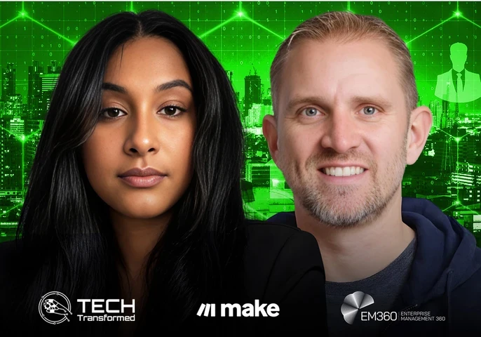 Podcast studio scene showing host Trish Pillay speaking with guest Darin Patterson, VP Product Advocacy and Market Strategy at Make, during a discussion on enterprise AI ROI challenges.