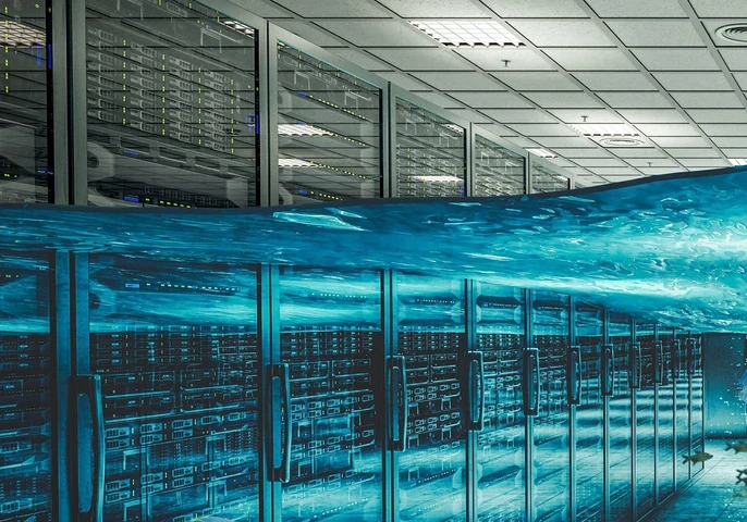 Depiction of a data centre under water.