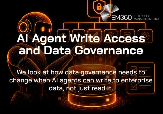 Black-and-orange graphic showing an AI robot interacting with a glowing database beneath security and data-control icons. Text reads: “AI Agent Write Access and Data Governance” and “We look at how data governance needs to change when AI agents can write to enterprise data, not just read it.” The EM360 Enterprise Management 360 logo appears at the top. 