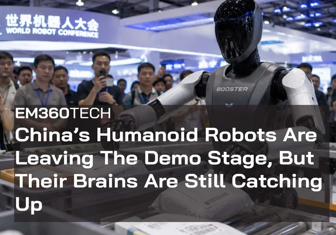 A humanoid Booster robot demonstrates parcel handling on a conveyor at the World Robot Conference as a crowd watches and records. Overlaid text reads: “EM360TECH China’s Humanoid Robots Are Leaving The Demo Stage, But Their Brains Are Still Catching Up.”