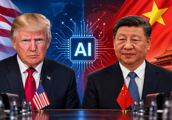 Image of Presidents Trump and Xi Jinping with an AI logo in the background and a boardroom table in the foreground.