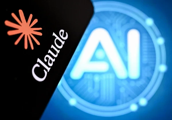 Logo of Anthropic's Claude with the blue "AI" word in the background.